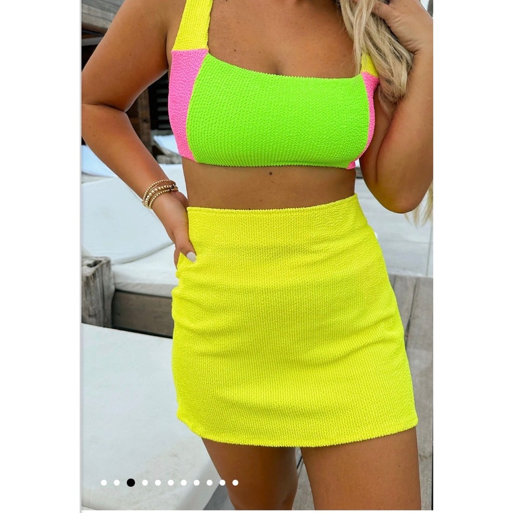 Show Me Your Mumu Neon Yellow Crinkle Textured Mini Skirt Medium NWT